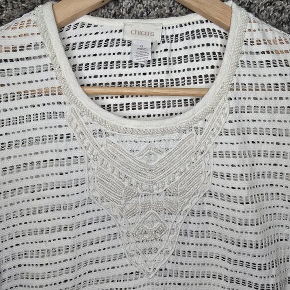 Chicos Top Womens 0 US Small Off White Scoop Neck Beaded Open‎ Knit Blouse - Picture 7 of 8